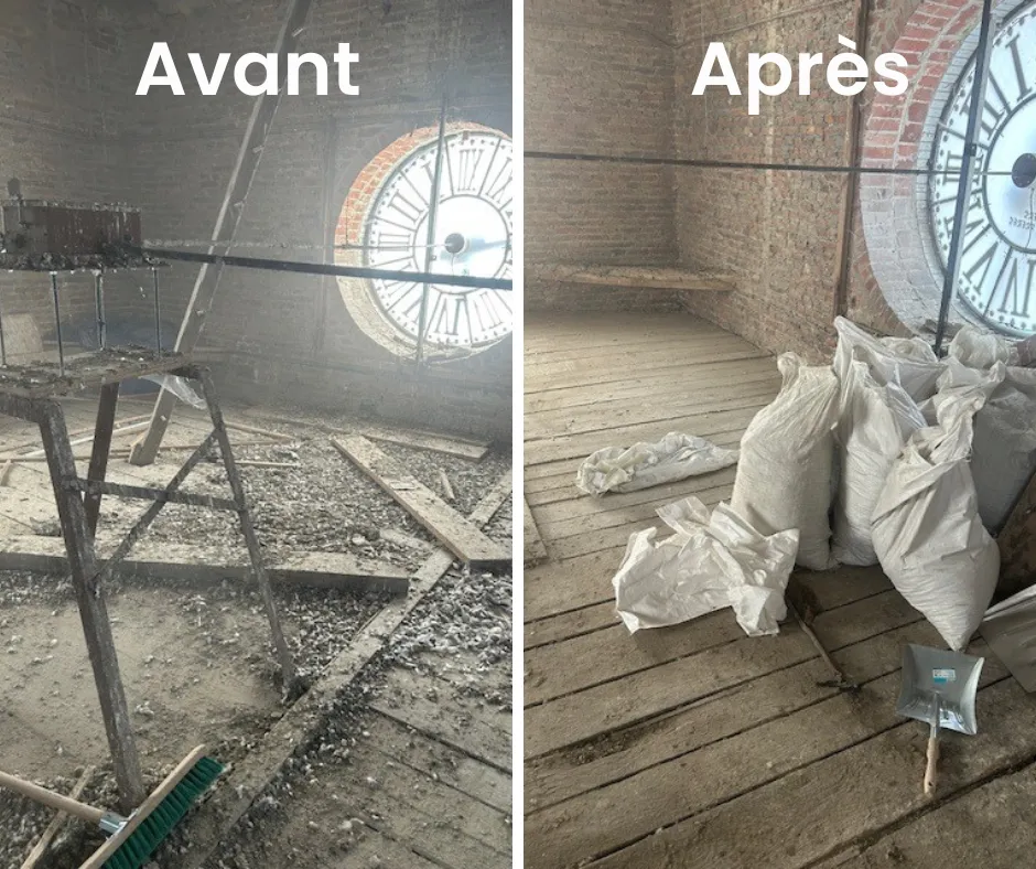 Photo avant après d'un nettoyage, décontamination de fientes de pigeons dans le clocher d'une église.
