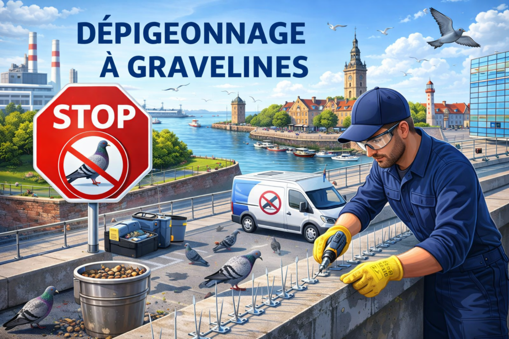 Intervention de dépigeonnage à Gravelines avec pose de dispositifs anti-pigeons sur bâtiment